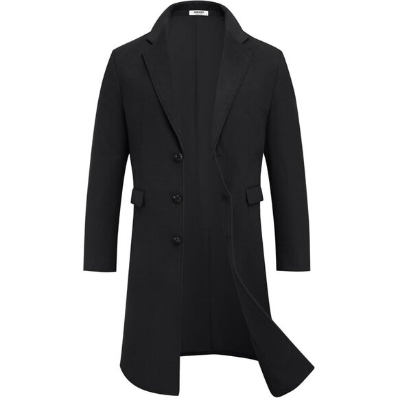 Men’s Long Trench Coat Single-Breasted Wool Blend Overcoat with Notched Collar - Picture 5 of 6